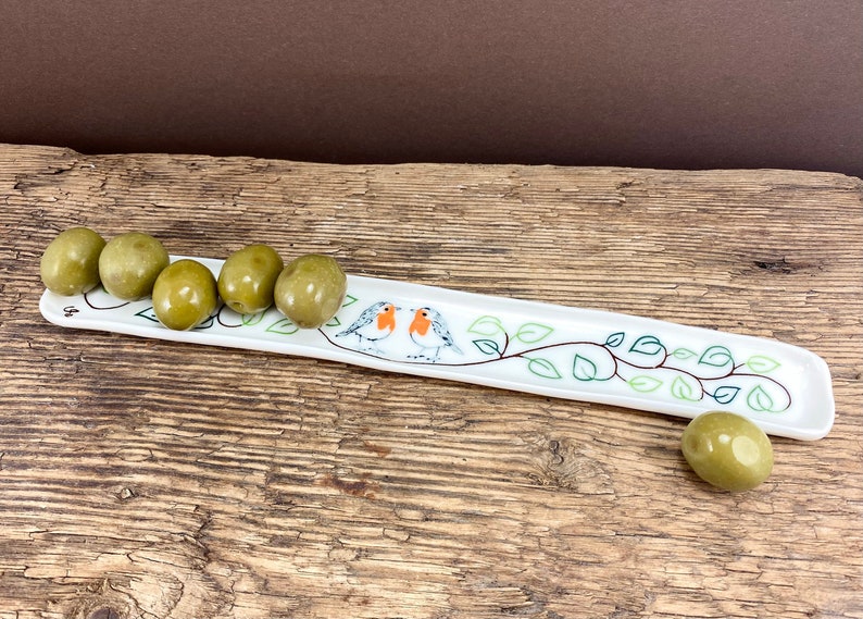 Olive boat made of hand-made porcelain with robins, perfect wedding gift image 1