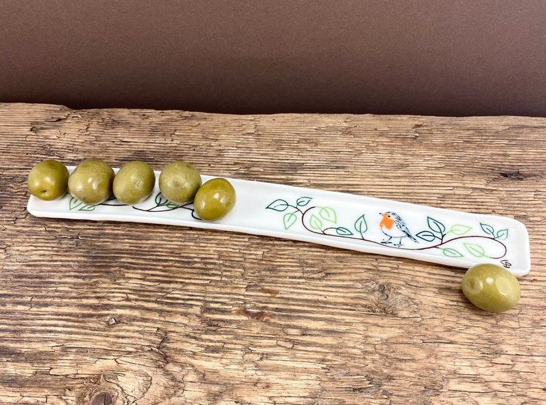 Olive boat made of hand-made porcelain with robins, perfect wedding gift image 8