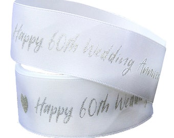 Mariage de diamant de luxe 60e anniversaire 22mm Satin Grosgrain Gold Cake Ribbon Gift Wrap Anniversaire Fiançailles Cœur Glitter Cards Emballage