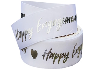 White & Silver Heart Happy Engagement Grosgrain Satin Cake Ribbon For Gift Wrap Presents Fiancee Celebration Wedding Cards Anniversary