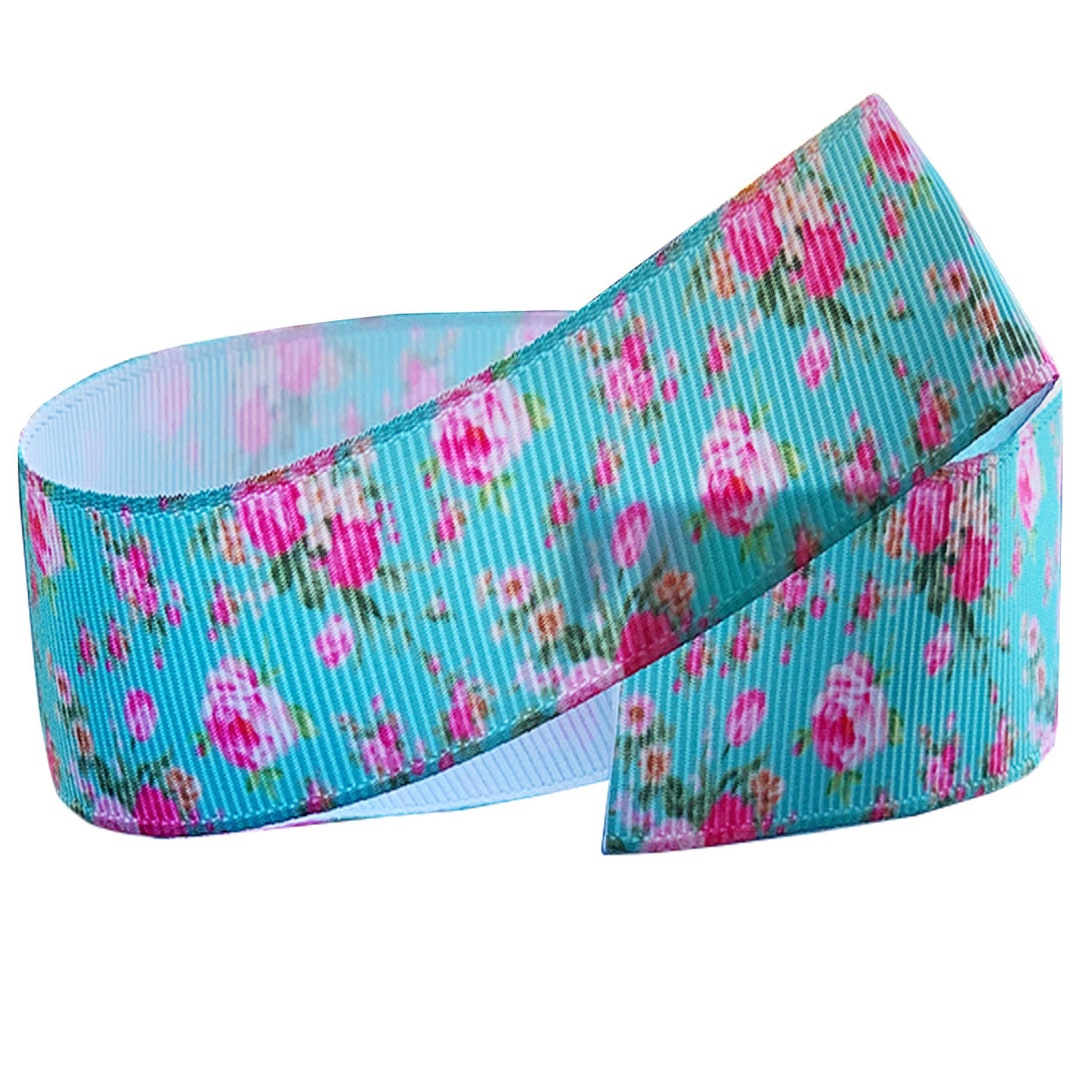 Turquoise and Pink Floral Pattern 2m Grosgrain Ribbon for - Etsy