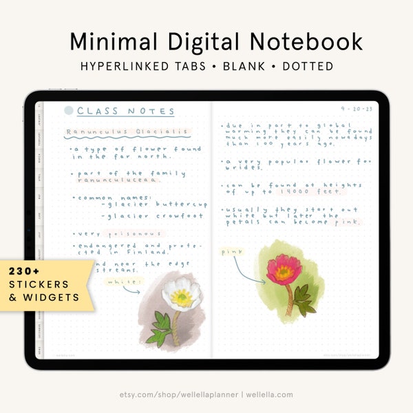 Minimal Digital Notebook, Bullett Journal Digital, Blank Dot Grid Hyperlinked Planner, Beige Tabs, Dotted & Plain Pages