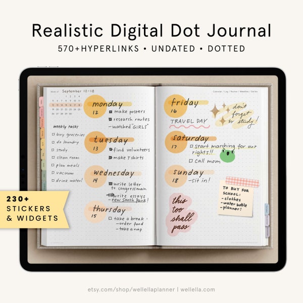 Journal numérique réaliste, journal numérique non daté, planificateur GoodNotes, carnet numérique, onglets arc-en-ciel, journal numérique Bullett