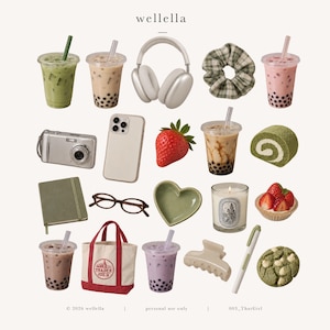 May include: A collection of items including bubble tea drinks, silver headphones, a green plaid scrunchie, a digital camera, a smartphone, a strawberry, a green notebook, glasses, a heart-shaped dish, a candle, a tote bag, and a cookie.