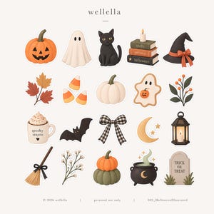 May include: A collection of twenty Halloween-themed stickers featuring a jack-o'-lantern, ghost, black cat, stacked books, witch hat, autumn leaves, candy corn, white pumpkin, ghost cookie, berries, mug with text, bat, bow, moon, lantern, broom, flowers, stacked pumpkins, cauldron, and tombstone.
