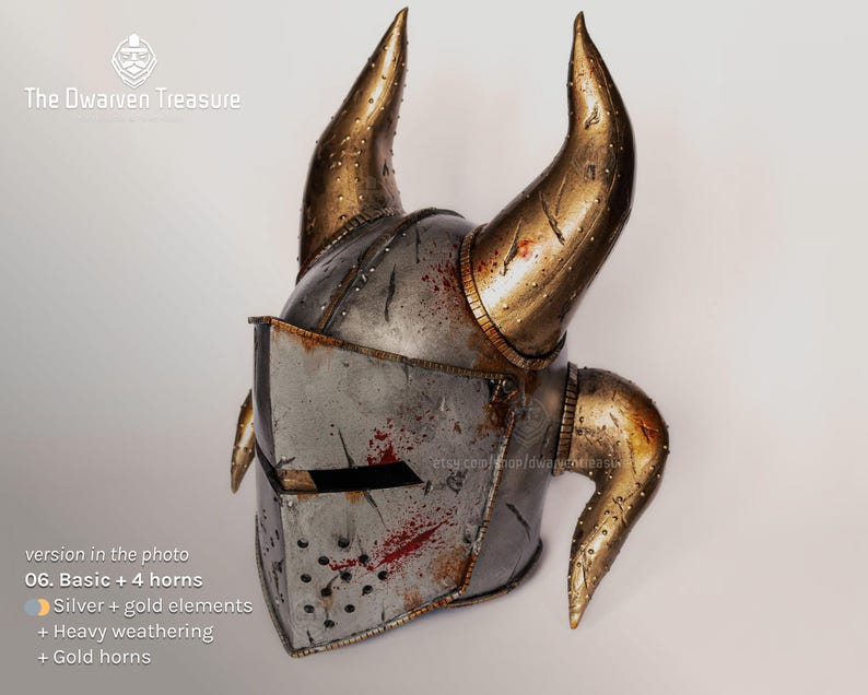 Medieval warrior helmet with four golden horns and face visor. Heavy battle damage weathering.