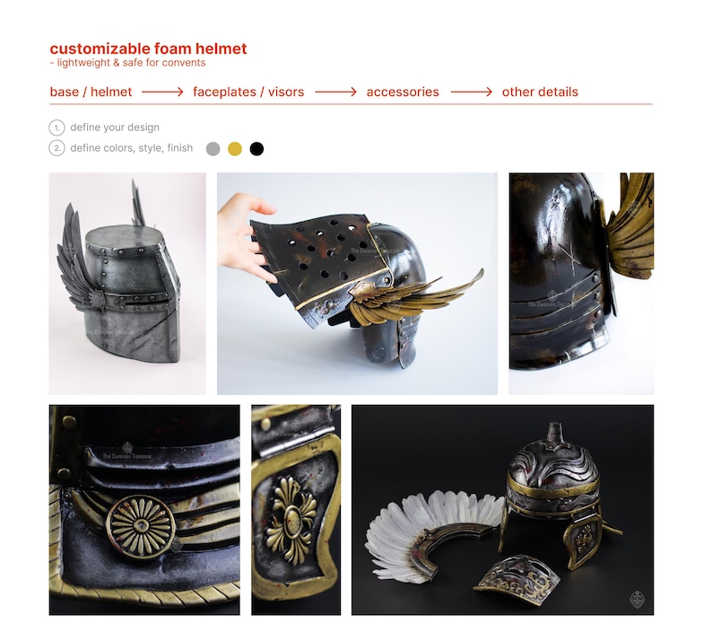 Customizable options for making your own authentic personalizable foam knight helmet.