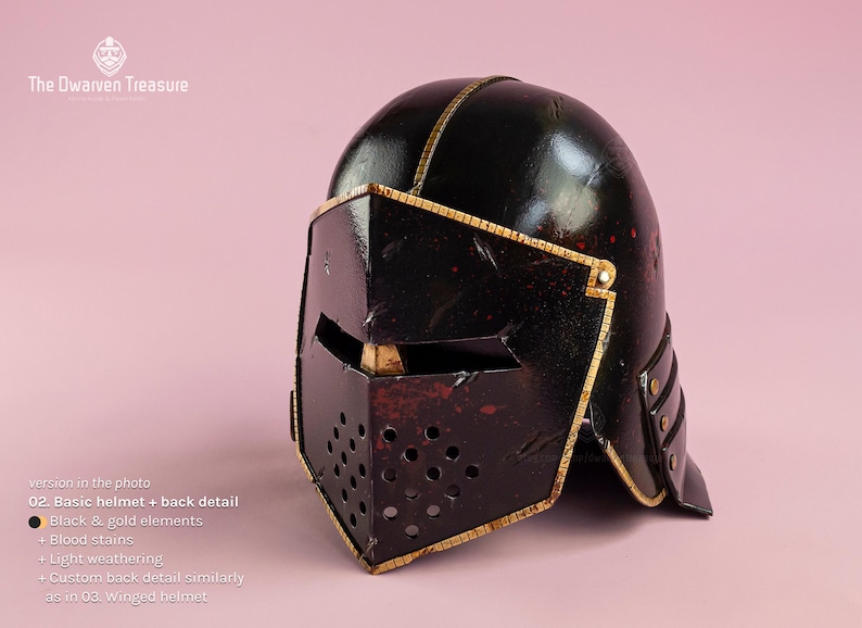 Modified version of our basic medieval foam helmet - painted in black with gold fine details.