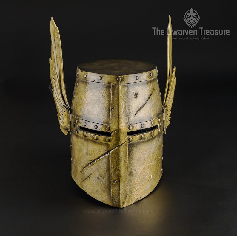 Front photo of the medieval winged lightweitght foam prop helmet, perfect for LARP & conventions.