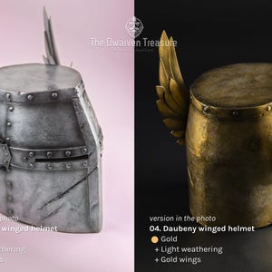 Comparison between silver and gold versions of the Daubeny Winged Helmet, each with detailed text descriptions. The Dwarven Treasure logo in the middle near top edge.