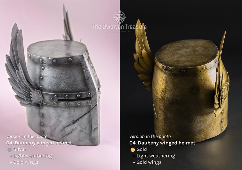Comparison between silver and gold versions of the Daubeny Winged Helmet, each with detailed text descriptions. The Dwarven Treasure logo in the middle near top edge.