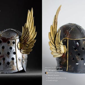 Comparison photo between black & silver knight helmet versions with golden wings & full visor.