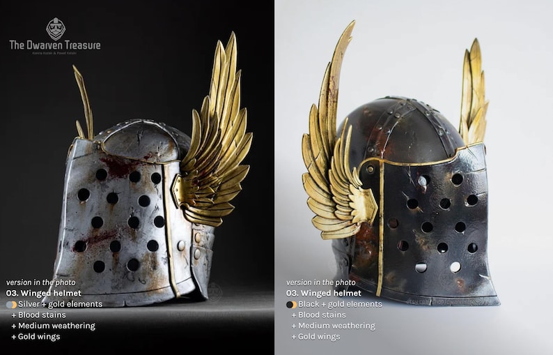 Comparison photo between black & silver knight helmet versions with golden wings & full visor.