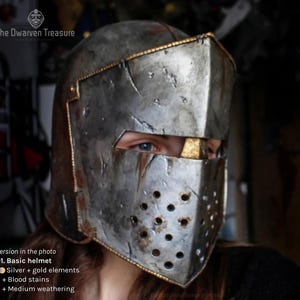 Basic helmet version with medium battle damage weathering & blood stains & gold elements.