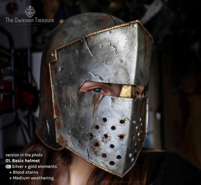 Basic helmet version with medium battle damage weathering & blood stains & gold elements.