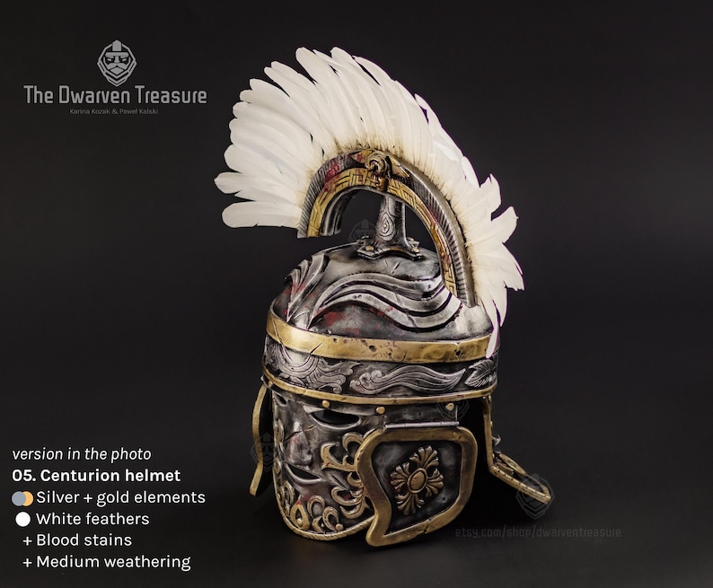 Centurion Roman helmet with feathers - silver & gold elements - helmet with detachable face visor.