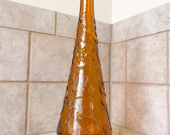 Amber Empoli Glass Genie Bottle with Floral Pattern