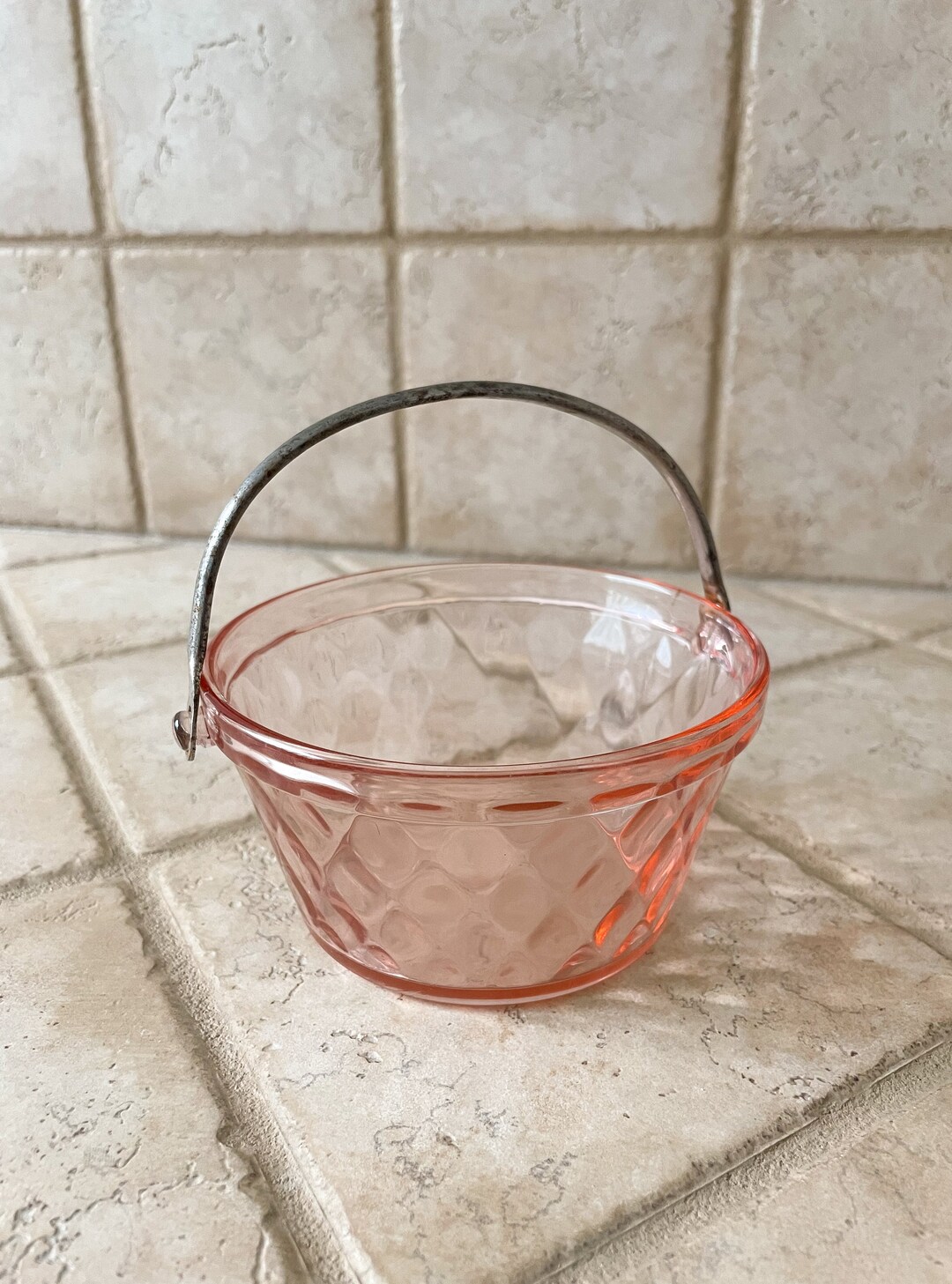 Pink Depression Glass Basket With Silver Handle Mini Pink Depression