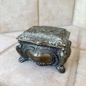 Vintage Silver Tone Trinket Jewelry Box - Ornate Floral Design, Velvet Lined, Footed Keepsake