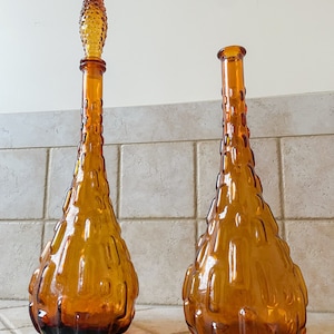 Italian Glass Amber Empoli Genie Bottle | Pair of Amber Made In Italy Genie Bottles | Empoli Brick Pattern Bottle with Stopper