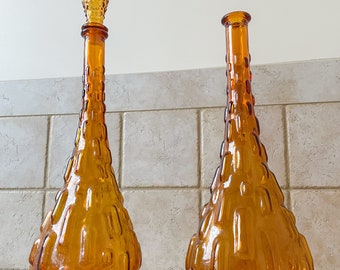 Italian Glass Amber Empoli Genie Bottle | Pair of Amber Made In Italy Genie Bottles | Empoli Brick Pattern Bottle with Stopper