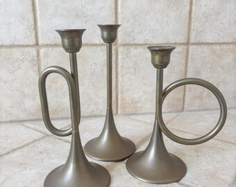 Vintage Silvestri Solid Brass Horn Candleholders | Set of 3