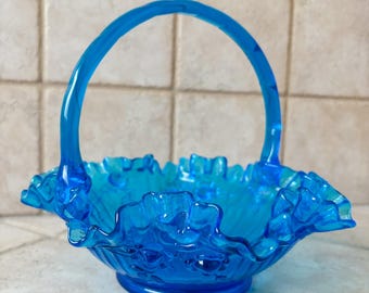 Large Fenton Blue Glass Cabbage Rose Basket