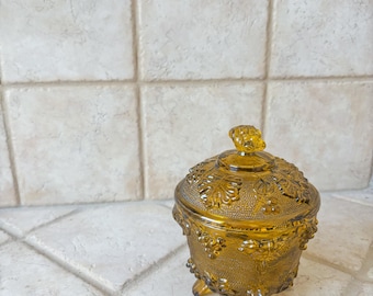 Vintage Amber Glass Footed Dish with Lid | Amber Harvest Grape Candy Dish | Vintage Amber Jeanette Candy Dish