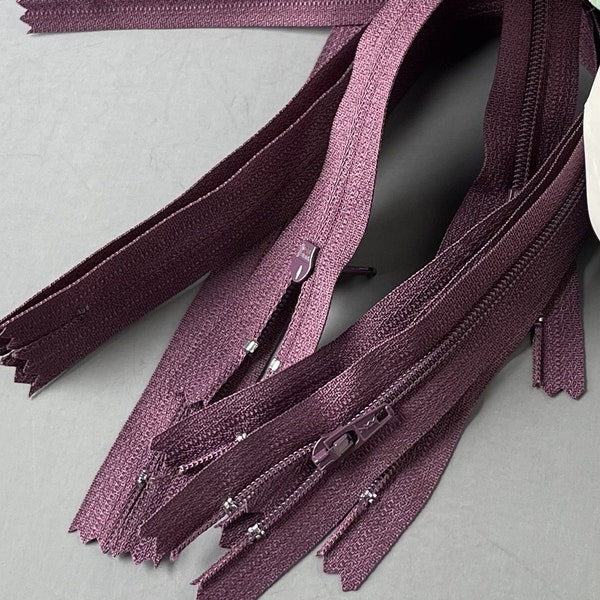 Plum YKK Zippers. [5] Pieces. 12-inch. Color 863. Plastic #3 Nylon Coil Closed Bottom. Purse Bag Supply. Dark Purple. Violet.