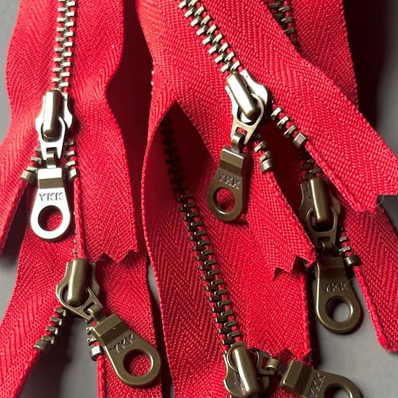 Red YKK Zippers. [3, 5] Pieces. 12-inch. Antique Brass Donut Pulls. Color  519. Metal Teeth, Closed Bottom. Purse Bag Supply. Brick Red