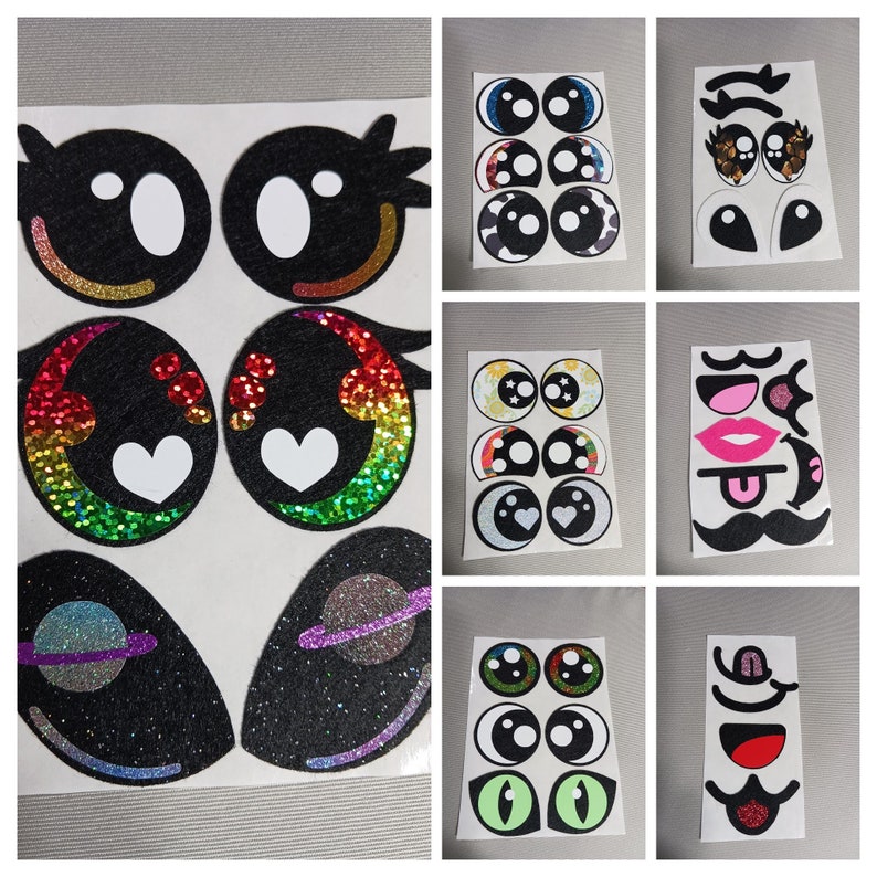 May include: A set of ten colourful felt eye and mouth patches. The patches are designed for crafts and are perfect for creating unique characters. The set includes a variety of colours and designs, including rainbow glitter, hearts, and stars.