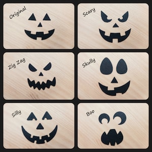 May include: Six different black felt pumpkin face cutouts on a wood background. The cutouts are labeled "Original", "Scary", "Zig Zag", "Skully", "Silly", and "Boo".