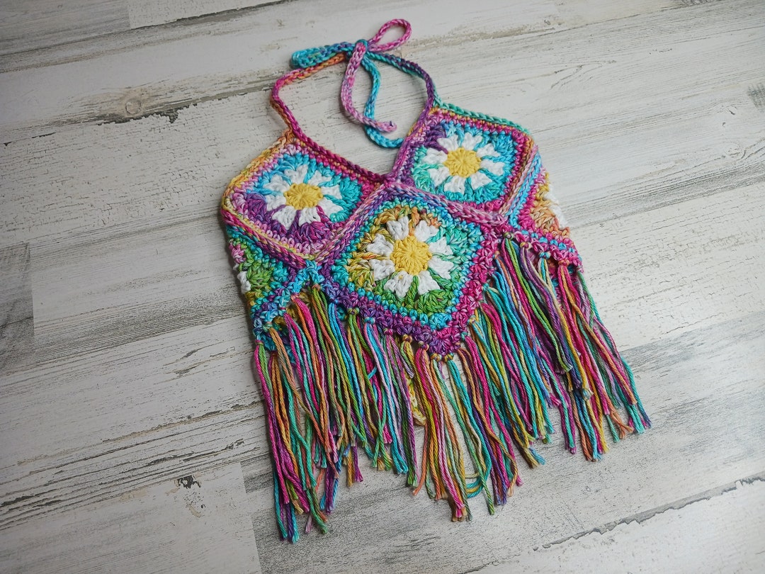 Boho Crochet Girls Crop Halter Top / Groovy Rainbow Sunflower and Daisy ...