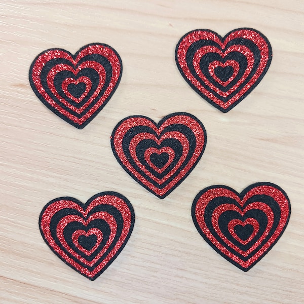 5 Piece, Multiple Sizes, Red Glitter Felt Heart Tags for Crochet, Knit, Crafts, Felt Heart Tattoo Butt Tags, Felt Eyes Amigurumi Accessories