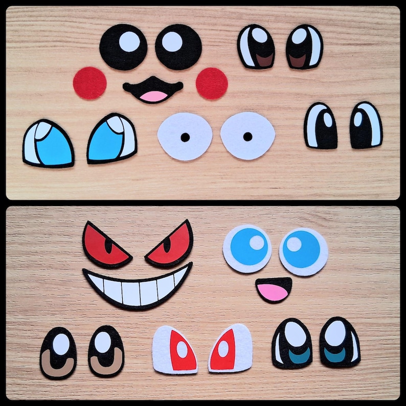 May include: A collection of colorful felt facial features, including eyes, mouths, and cheeks, arranged on a wooden surface. The pieces are in various shapes and sizes, with a cartoonish aesthetic. The color palette includes black, white, red, and blue.