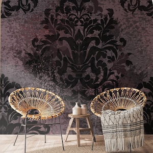 dark pink damask wallpaper, gothic purple wall mural | 158