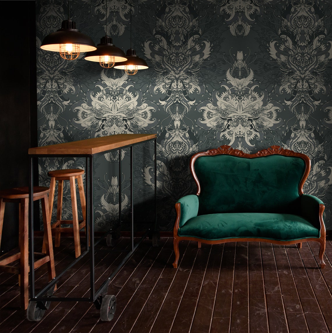 Removable Dark Green Damask Mural Victorian Wallpaper Self Etsy