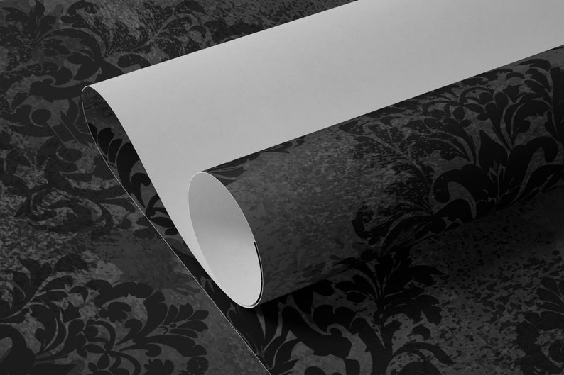 Dark Grunge Damask Wallpaper, Black and White Removable Wall Décor, Peel and Stick, Self-Adhesive Fabric Floral Mural image 5