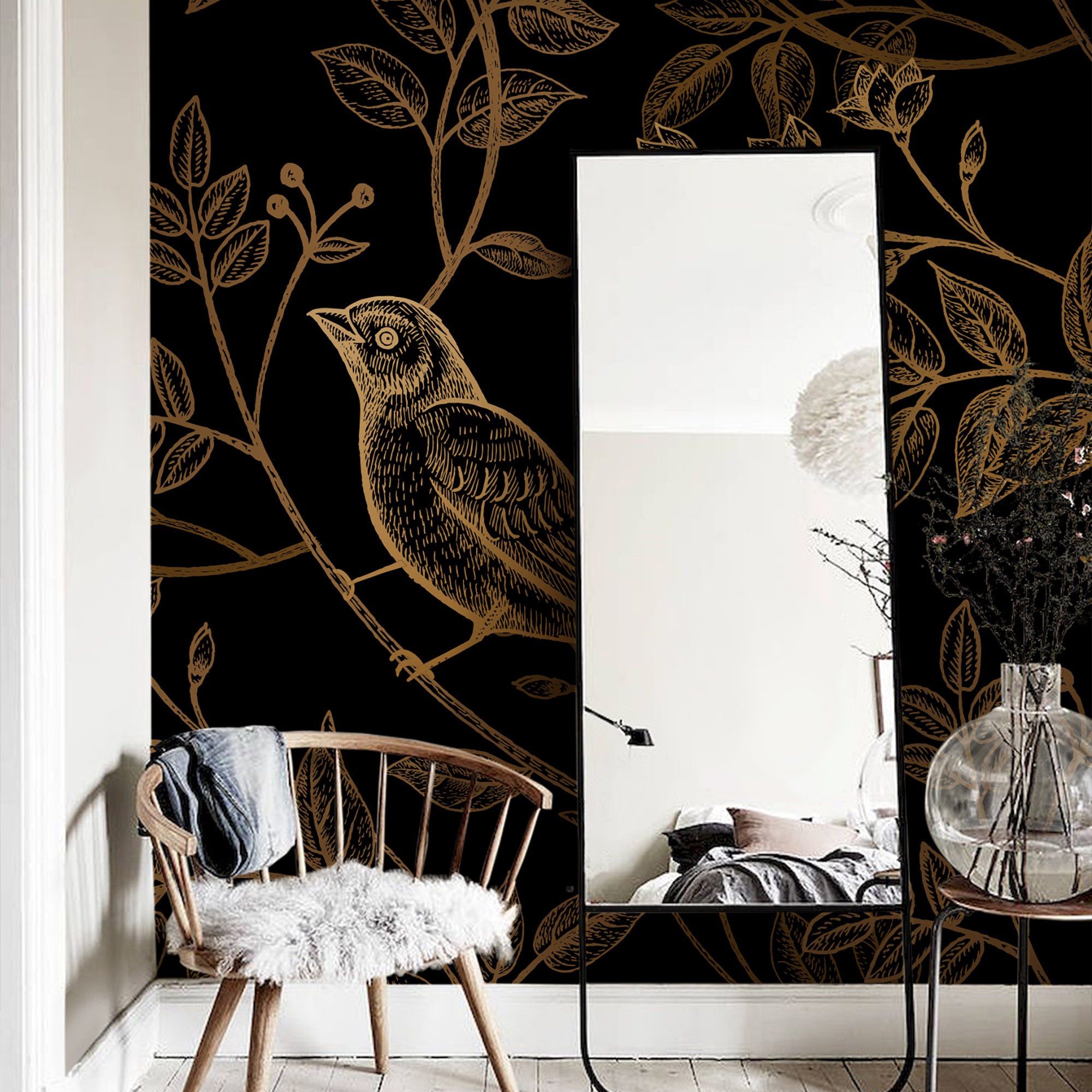 Black Yellow Birds Wall Mural Dark Peel and Stick Wallpaper Etsy
