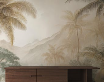 Beige Palm Trees Wall Mural, Vintage Landscape Removable Wallpaper | 109