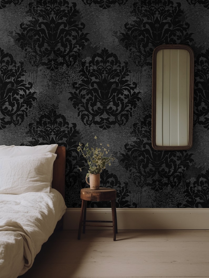 Dark Grunge Damask Wallpaper, Black and White Removable Wall Décor, Peel and Stick, Self-Adhesive Fabric Floral Mural image 2