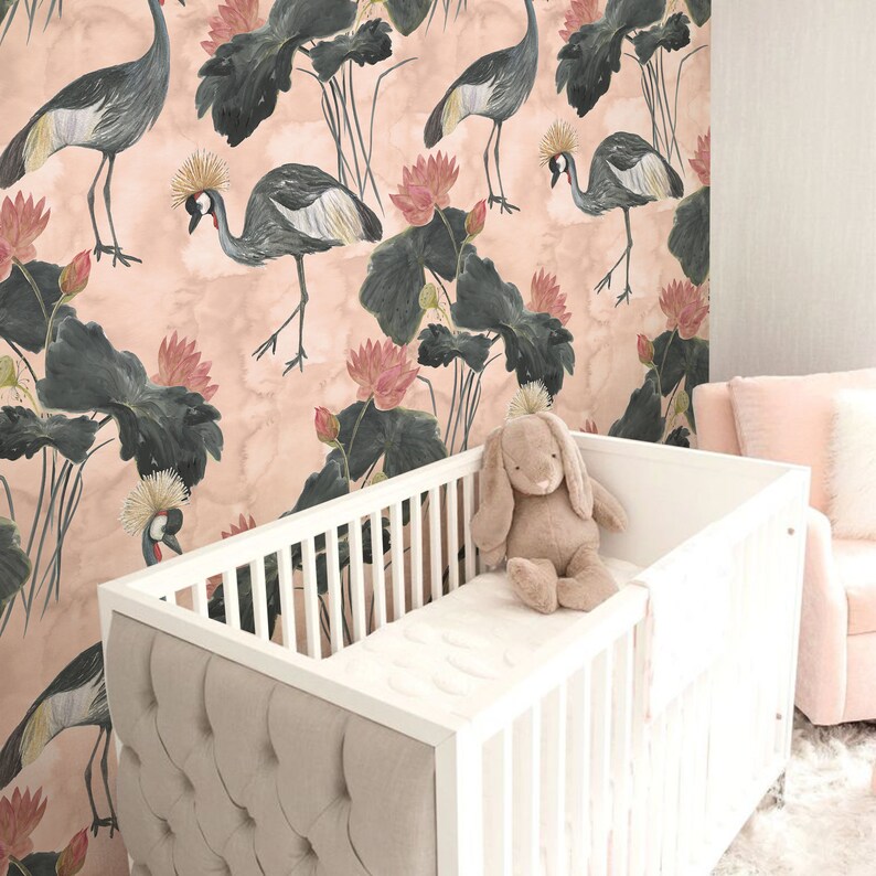 Cranes Birds Wall Mural Pink Flowers Peel & Stick Wallpaper Etsy