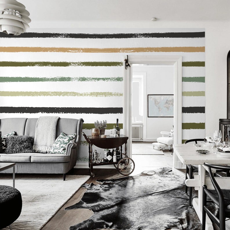 Green Stripes Wall Mural Grunge Lines Peel & Stick Wallpaper Etsy