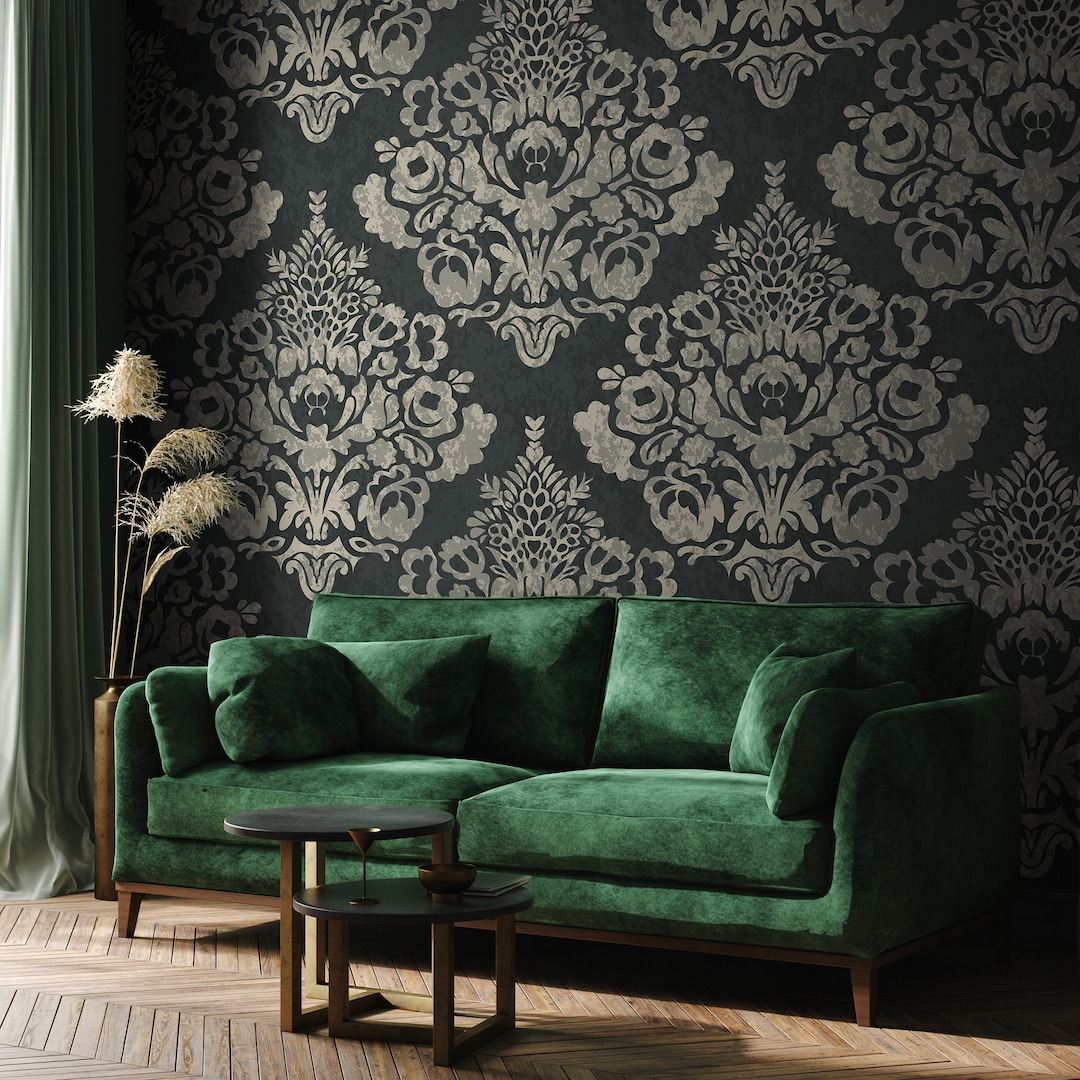 Removable Dark Green Damask Mural, Victorian Wallpaper, Self Adhesive ...