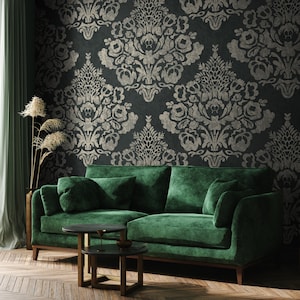entfernbares dunkelgrünes Damast Wandbild, selbstklebende vintage gothic Tapete | 181