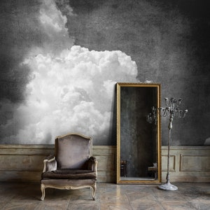 Black & White Clouds Wallpaper, Dark Vintage Self Adhesive Wall Mural, Sky Storm Wall Decor, Grunge Removable Sticker, Old-school Painting