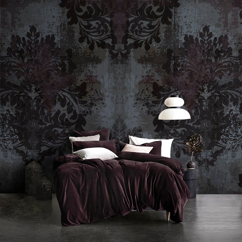 Removable Dark Damask Mural Victorian Wallpaper Self Adhesive Vintage Black Blue And Red Decor Gothic Grunge Peel And Stick Retro Paper