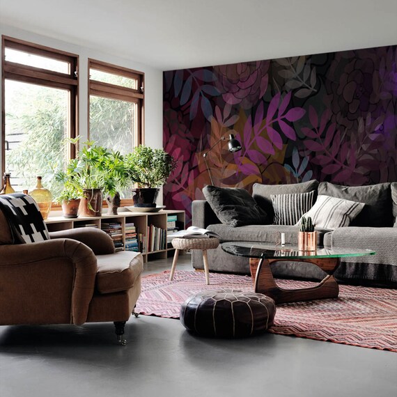 Dark Purple Wall Mural Self Adhesive Botanical Leaves Wallpaper Removable Wall Sticker Peel And Stick Wall Decor Exotic Jungle Decal