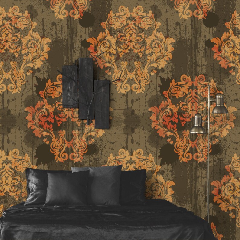 Removable Dark Orange Damask Mural Brown Victorian Wallpaper Etsy