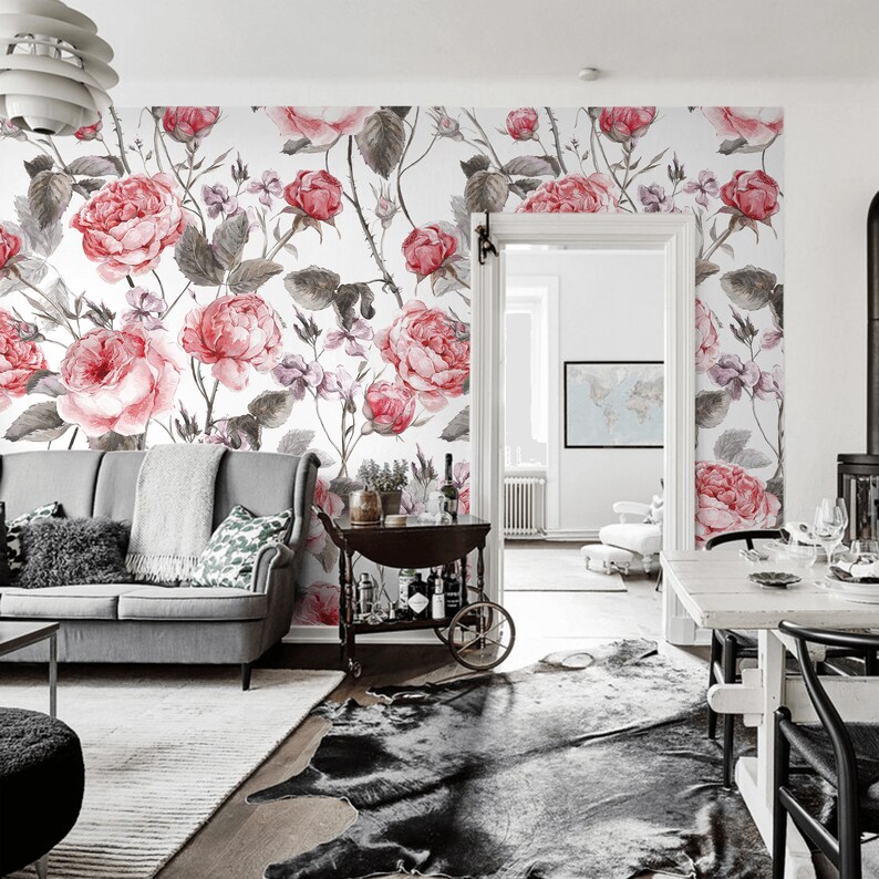 Vintage Floral Wall Mural Pink Roses Bloom Peel & Stick Etsy